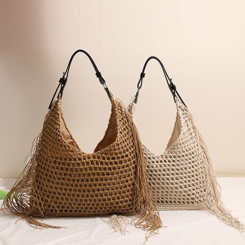 Fashionable Tassel Shoulder Raffia Bag  Large Capacity Hollow Weave Tote for Beach, Vacation & Everyday Use