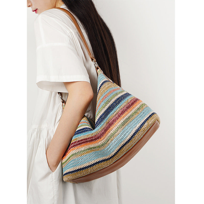 Rainbow Leather & Straw Shoulder Bag  Small and Large Woven Hobo with Zipper, PP Straw and Split Cowhide Crossbody