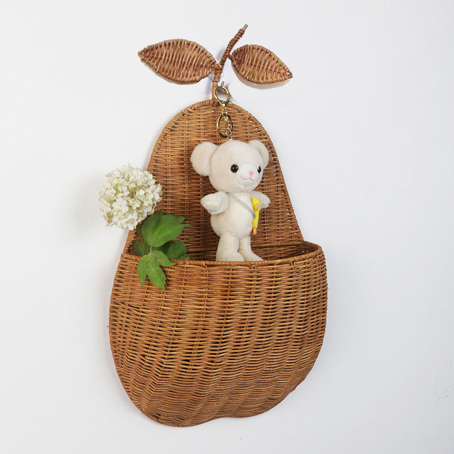 Pear Shaped Rattan Wall Basket  Handwoven Hanging Storage Organizer