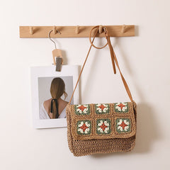 Vintage Floral Woven Crossbody Bag  Medium Straw Shoulder Bag with Flap, Holiday Beach & Summer Outfit Bag