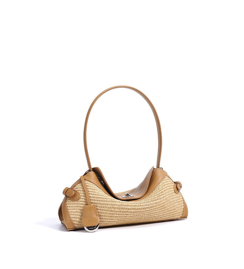 Leather & Straw Shoulder Bag  Soft Cowhide and Woven Underarm Crossbody, Medium Zipper Beach & City Tote