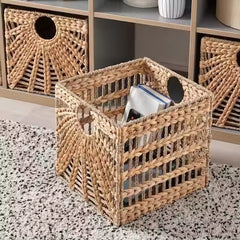 Square Natural Woven Storage Basket with Handles  Cube Wicker Organizer for Closet, Shelves & Living Room