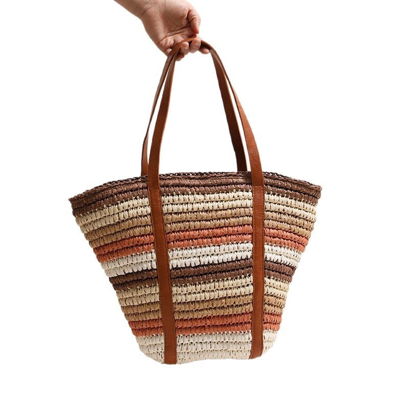 Fashionable Rainbow Stripe Woven Shoulder Bag  Large Capacity Handwoven Tote for Beach, Vacation & Everyday Use