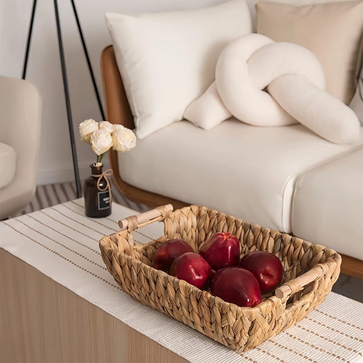 Natural Woven Water Hyacinth Storage Baskets with Handles  Decorative Nordic-Style Organizer Trays for Snacks, Fruit & Tabletop Essentials