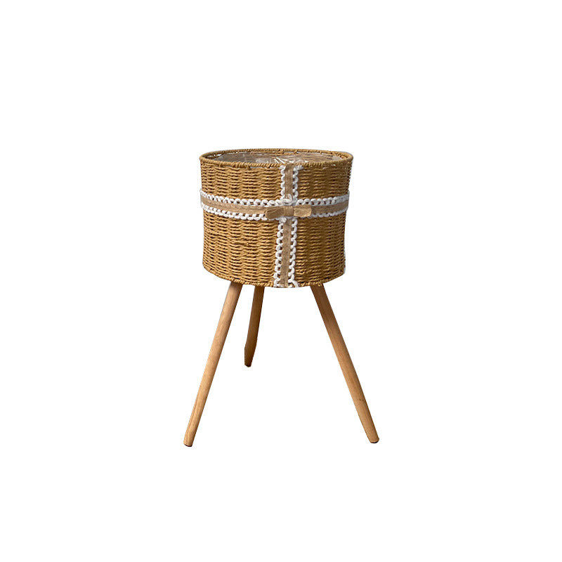 Nordic Woven Plant Stand Set with Wooden Legs  Round Wicker Planter Baskets for Indoor Living Room & Balcony