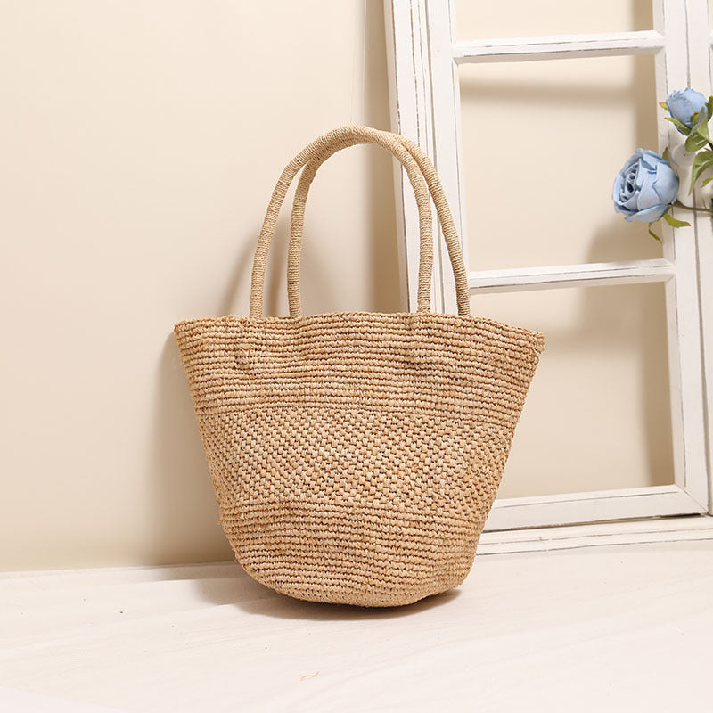 Premium Raffia Handheld Woven Bag  Large Capacity Bucket Tote for Summer Beach, Vacation & Everyday Use