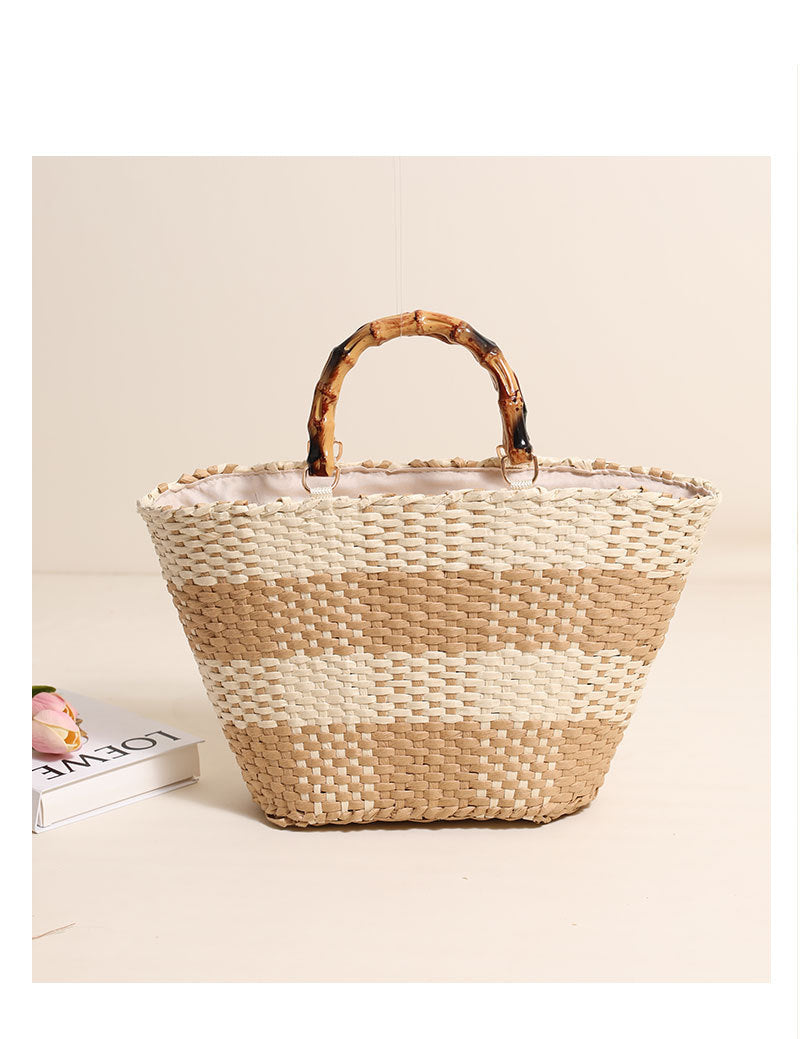 Elegant Grid Woven Top Handle Tote Bag  Bamboo Style Handle Straw-Look Beach Handbag