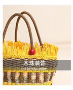 Cute Wooden Bead Straw Bucket Bag  Frayed Edge Paper Woven Handbag with Drawstring, Medium Beach & Holiday Tote