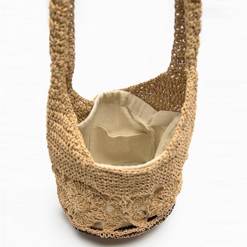 Hollow Floral Straw Shoulder Bag  Handcrafted Paper Woven Bucket Tote with Drawstring, Medium Summer Daily & Beach Bag