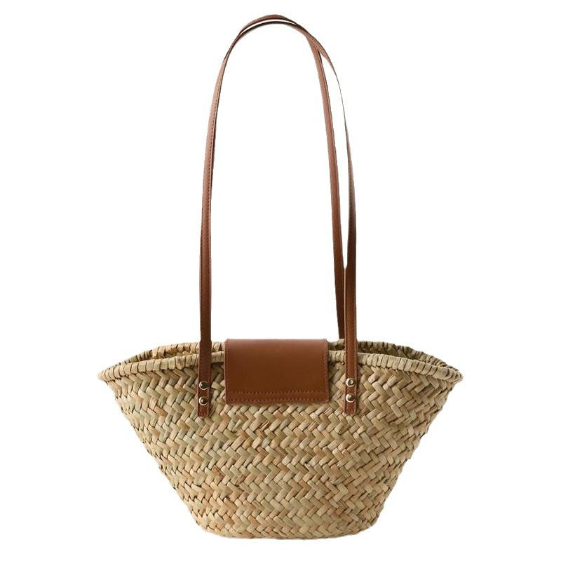 Natural Grass Shoulder Bag with Flap  Woven Shell-Shape Straw Handbag, Beach Vacation Tote, Casual Summer Purse