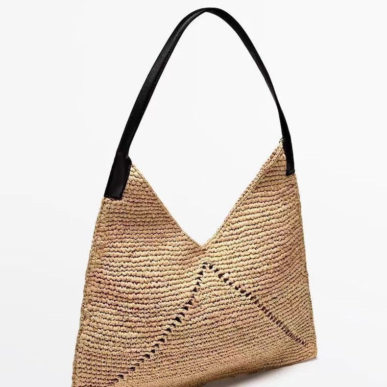 French Raffia Triangle Shoulder Bag  Large Capacity Straw Beach Tote