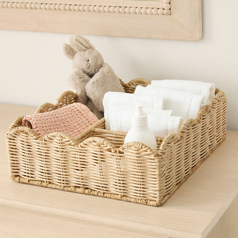 Natural Rattan Storage Basket  Handwoven Nordic Organizer for Vanity, Desk, Snacks & Kitchen Counter (33.5×38×13.5cm)