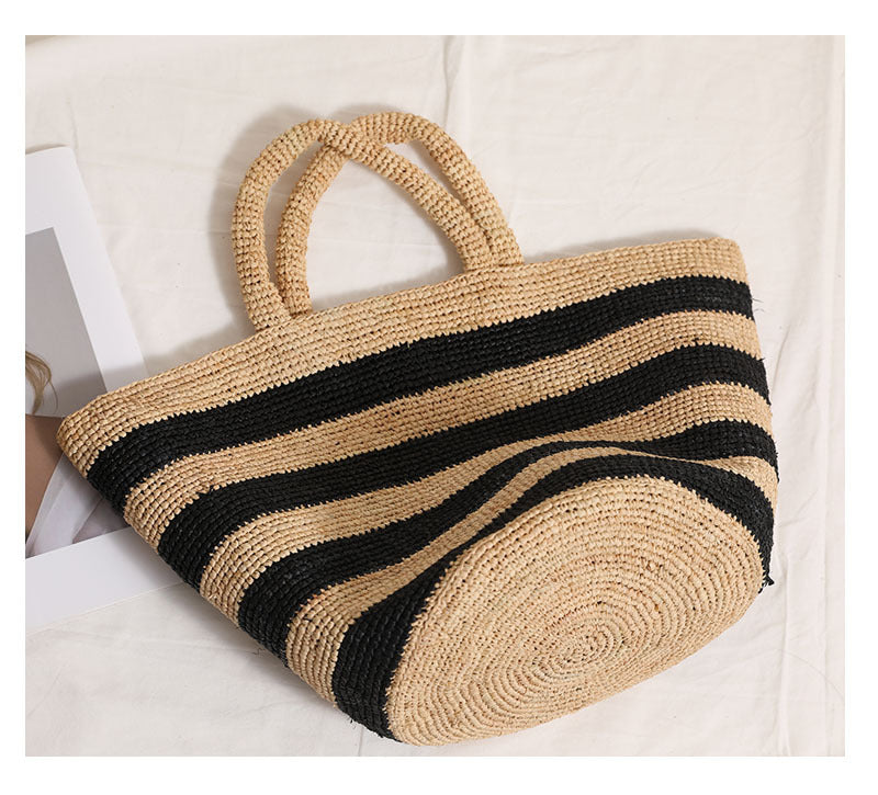 Raffia Large-Capacity Woven Tote Bag  Handcrafted Striped Open-Top Straw Handbag for Daily Use & Travel