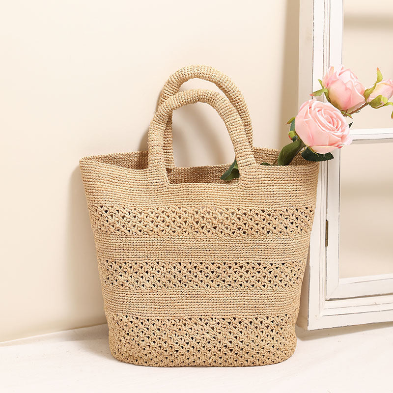 Premium Raffia Handheld Woven Bag  Large Capacity Hollow Weave Tote for Beach, Vacation & Everyday Use