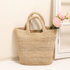 Premium Raffia Handheld Woven Bag  Large Capacity Hollow Weave Tote for Beach, Vacation & Everyday Use