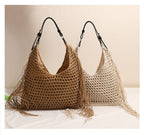 Fashionable Tassel Shoulder Raffia Bag  Large Capacity Hollow Weave Tote for Beach, Vacation & Everyday Use