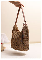 Heart Tassel Woven Straw Shoulder Bag Hollow Out Beach Handbag for Vacation Travel