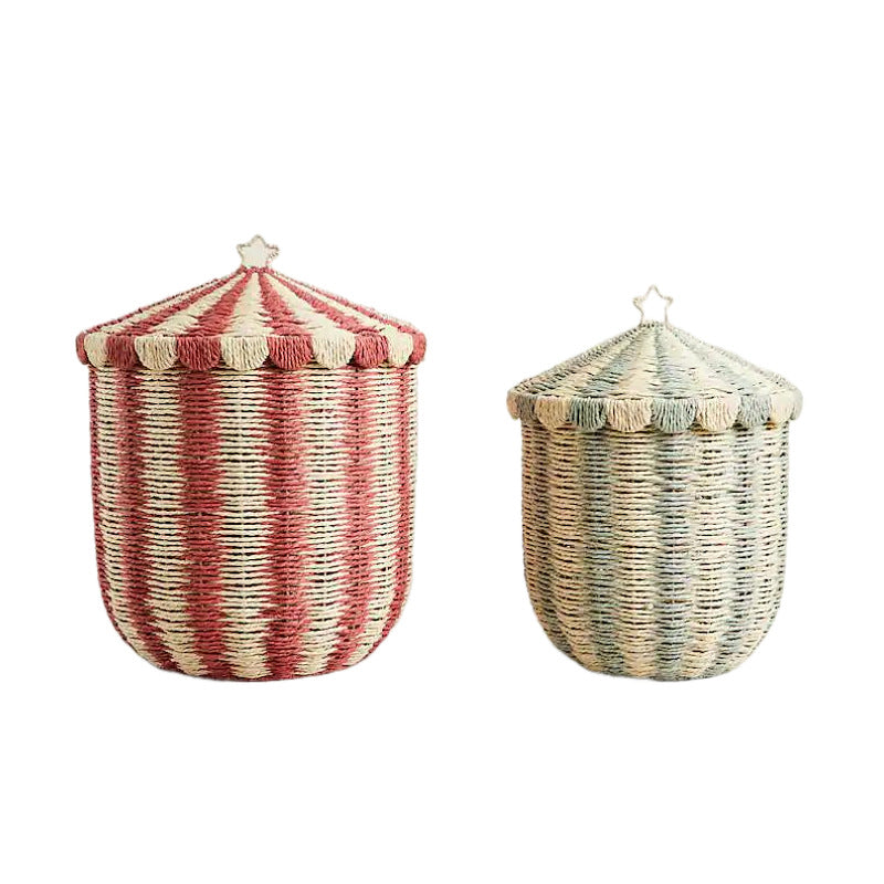 Circus Stripe Woven Laundry Basket with Lid – Paper Rope Toy & Clothes Storage Bin for Nursery, Kids’ Room & Laundry, 2 Sizes Main image