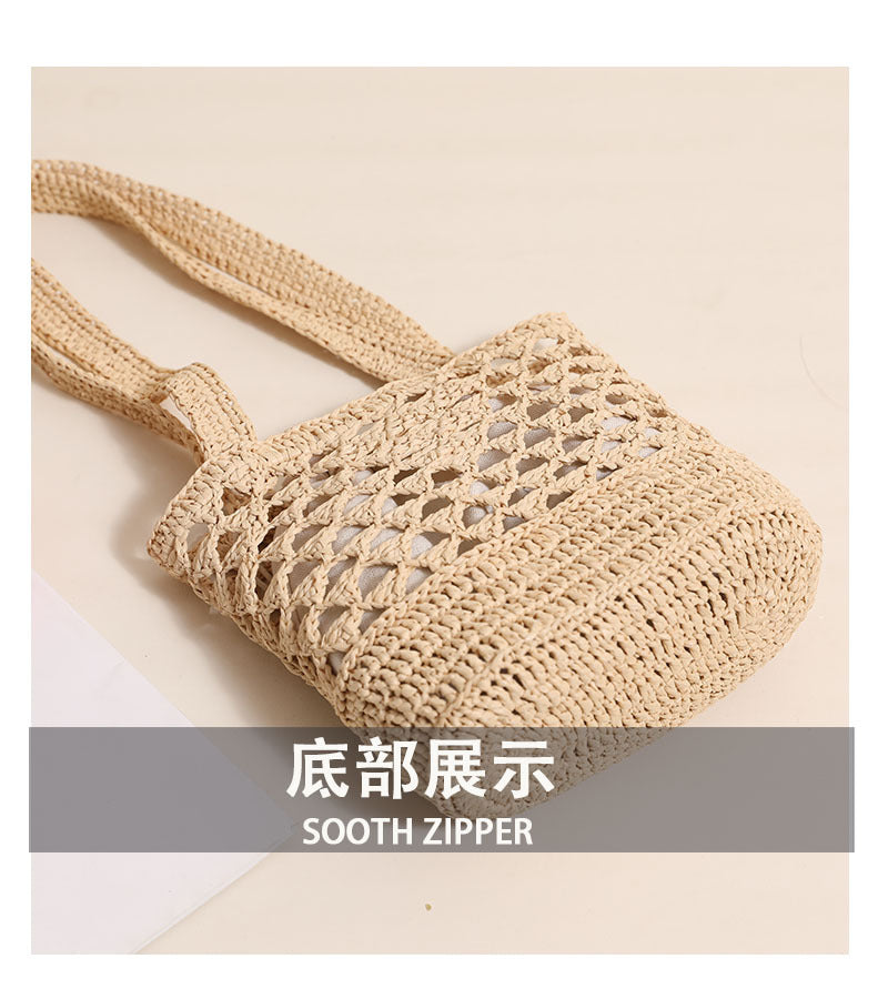 Raffia Straw Shoulder Bag  Minimal Solid-Color Hollow Woven Tote, Medium Open-Top Beach & Daily Handbag