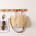 French-Style Cotton Crossbody Woven Bag  New Wooden Handle Tote with Zipper Closure for Beach, Vacation & Everyday Use