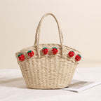 Cute Strawberry Woven Tote Basket  Handcrafted Paper Straw Shoulder Bag with Drawstring, Medium Daily & Beach Carry Bag