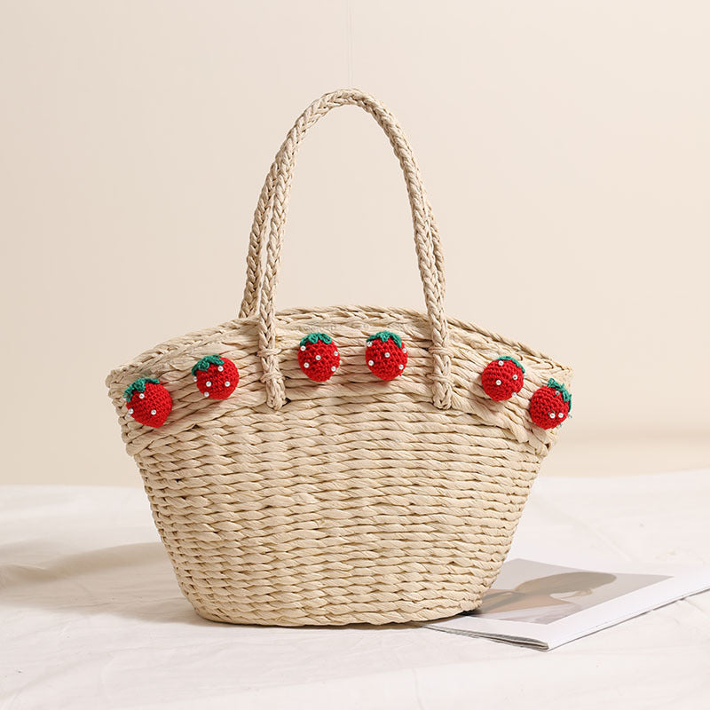 Cute Strawberry Woven Tote Basket  Handcrafted Paper Straw Shoulder Bag with Drawstring, Medium Daily & Beach Carry Bag