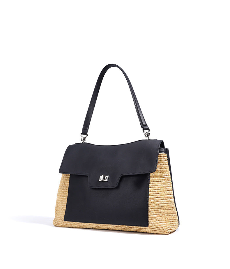 Leather Raffia Straw Tote Bag  Large Woven Shoulder & Crossbody Handbag with Lock Closure for Work and Casual