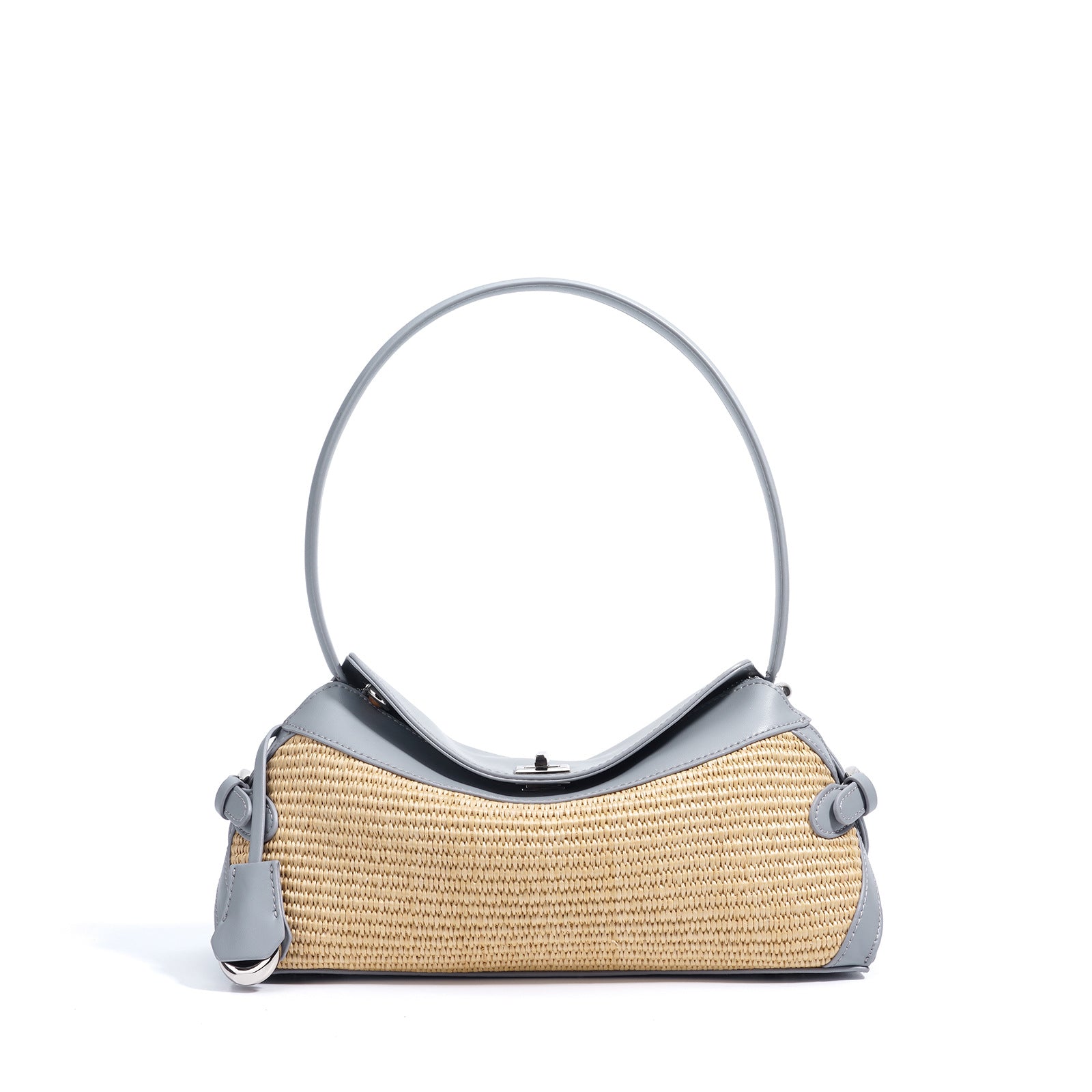 Leather & Straw Shoulder Bag  Soft Cowhide and Woven Underarm Crossbody, Medium Zipper Beach & City Tote