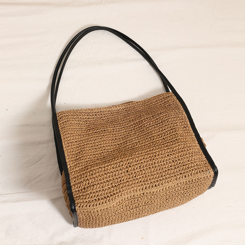 French-Style Woven Paper Shoulder Bag  Minimalist Solid Color Medium Tote for Spring Travel & Daily Outfits
