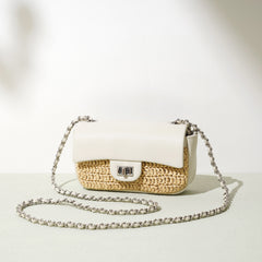 Mini Leather Straw Crossbody Bag  Colorblock Woven Chain Shoulder Bag for Spring Summer