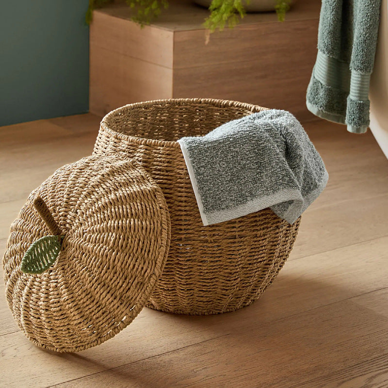 Handwoven Fruit-Shaped Storage Basket with Lid  Apple & Pear Decorative Organizer Made of Paper Rope