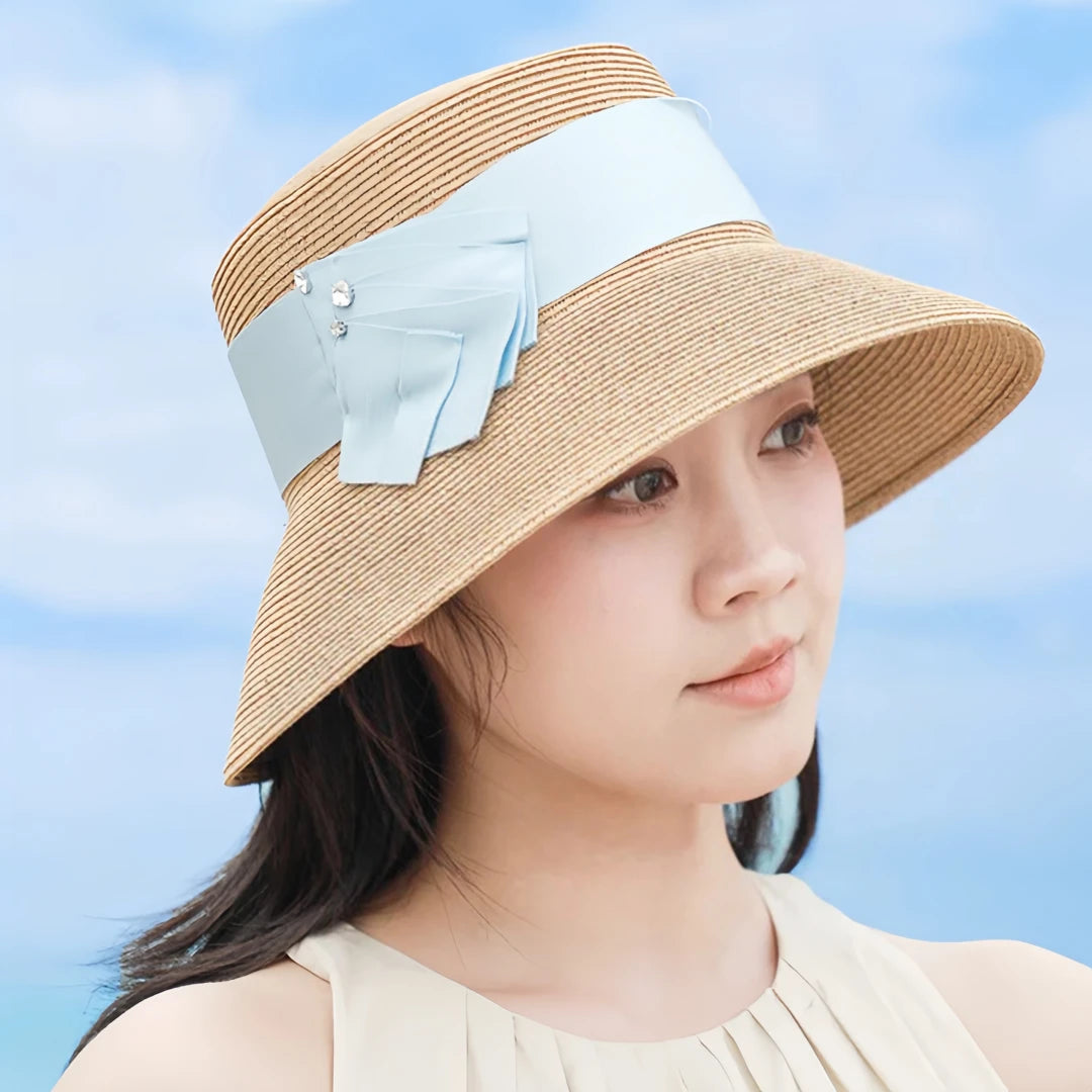 Summer Wide Brim Straw Sun Hat for Women  Woven Cellulose Bucket Hat with Bow, UV Sunshade Beach Hat