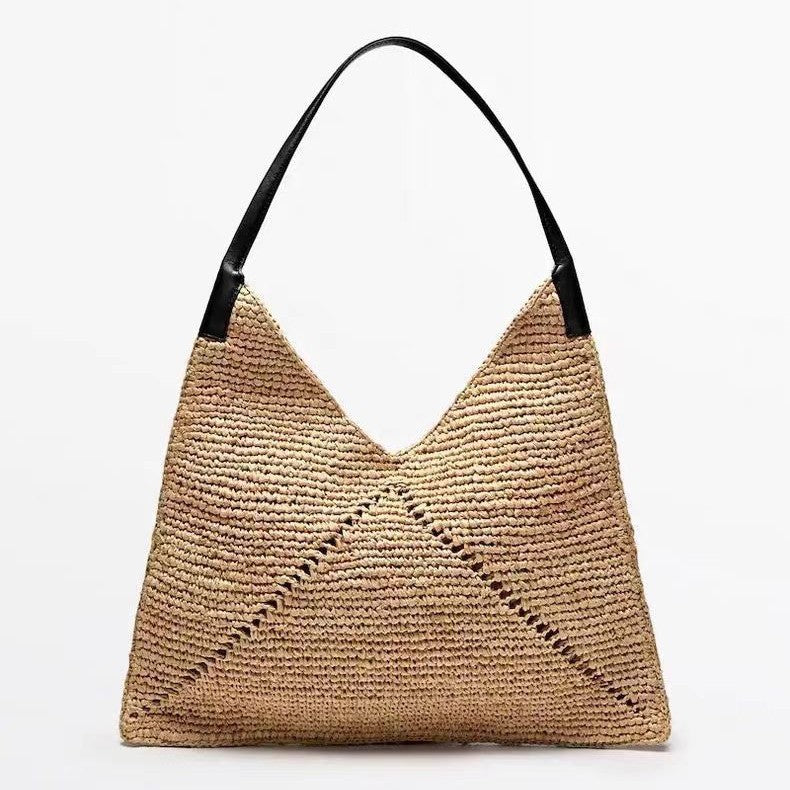 French Raffia Triangle Shoulder Bag  Large Capacity Straw Beach Tote