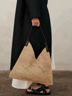 French Raffia Triangle Shoulder Bag  Large Capacity Straw Beach Tote