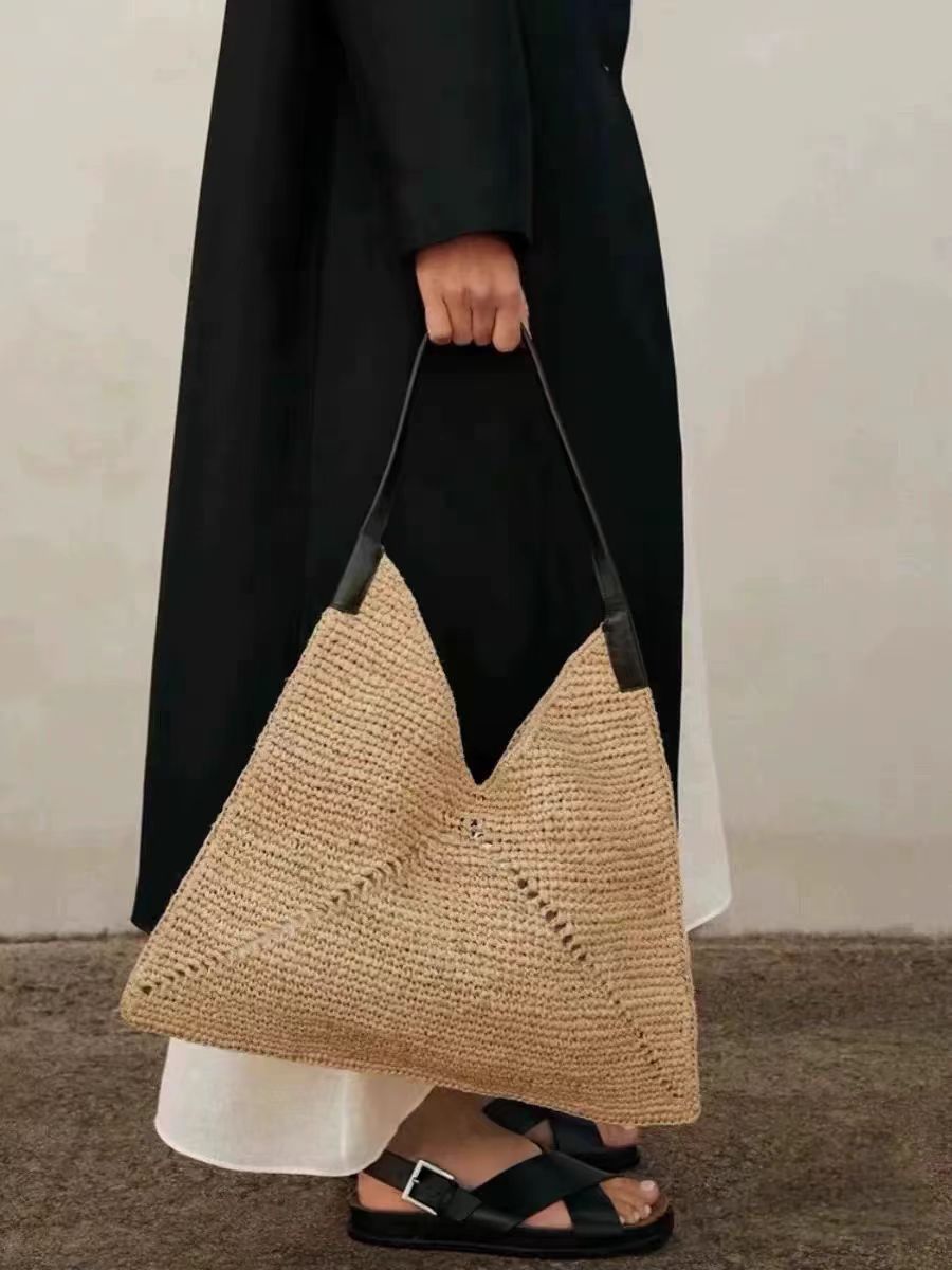 French Raffia Triangle Shoulder Bag  Large Capacity Straw Beach Tote