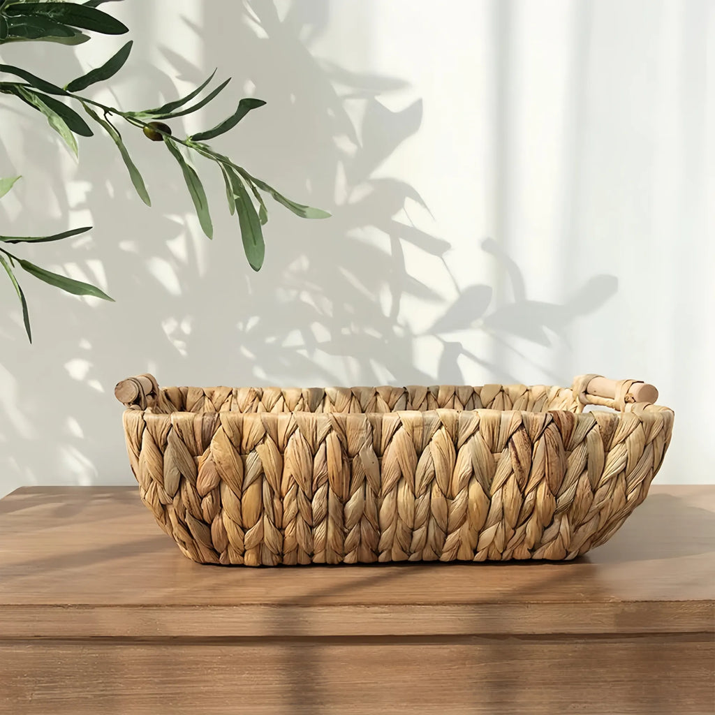 Natural Woven Water Hyacinth Storage Baskets with Handles  Decorative Nordic-Style Organizer Trays for Snacks, Fruit & Tabletop Essentials