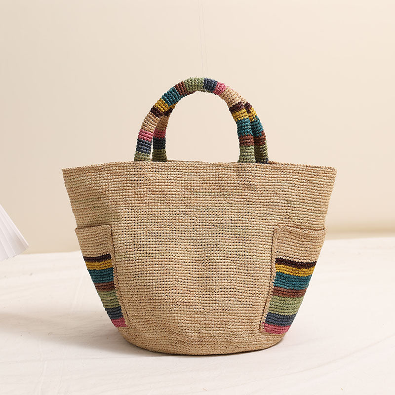 Premium Raffia Handheld Woven Bag  Large Colorful Beach Tote with External Pocket for Spring Vacation & Daily Use