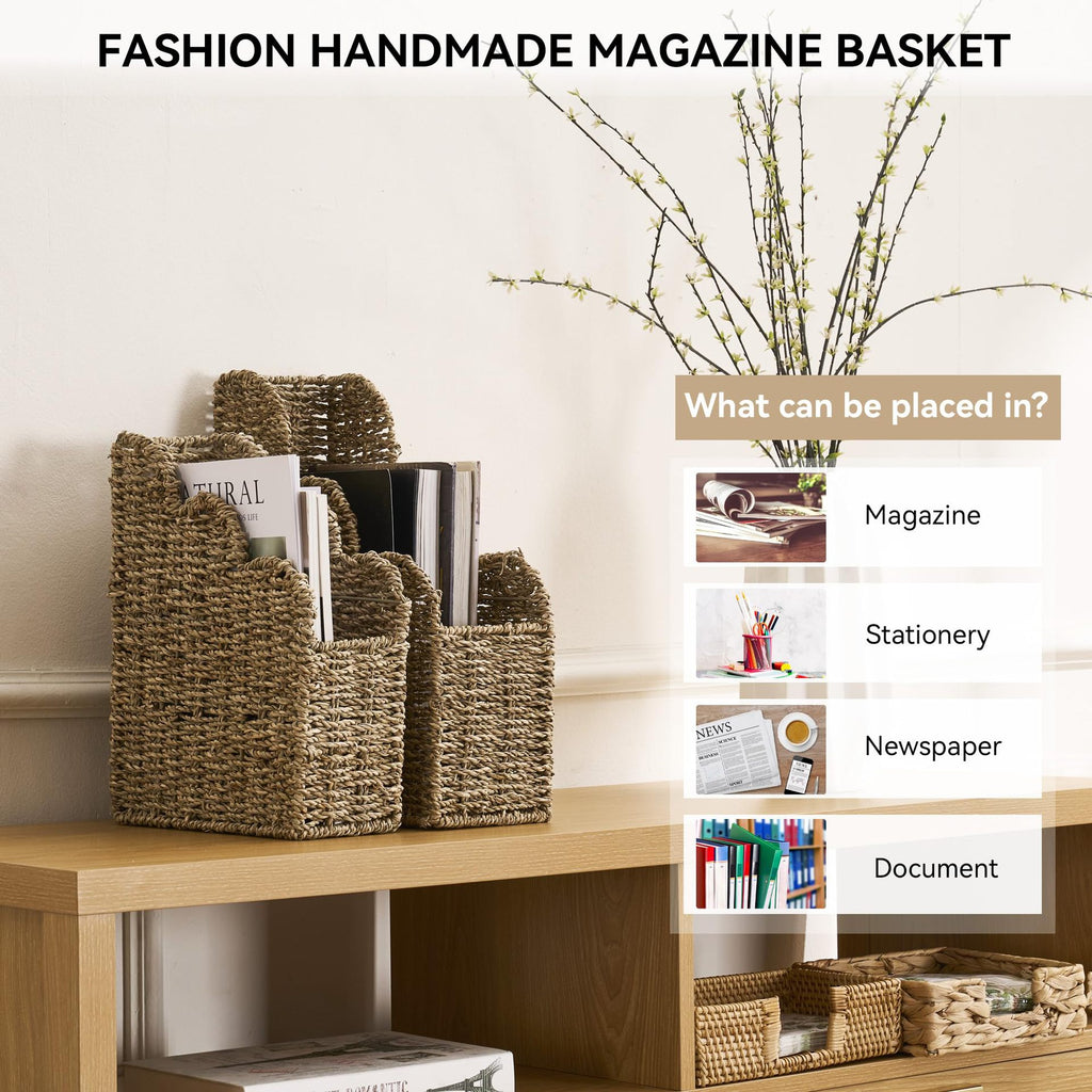 Seagrass Magazine Holder  Handwoven File Organizer Basket for Living Room & Home Office, Scalloped Design, 2 Sizes