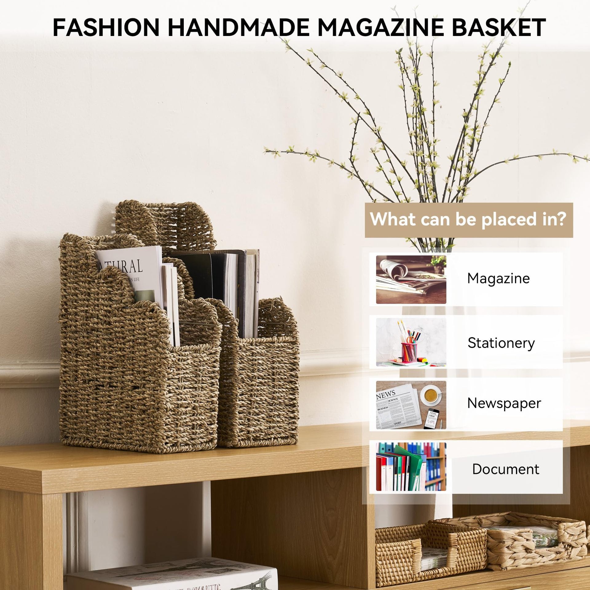 Seagrass Magazine Holder  Handwoven File Organizer Basket for Living Room & Home Office, Scalloped Design, 2 Sizes