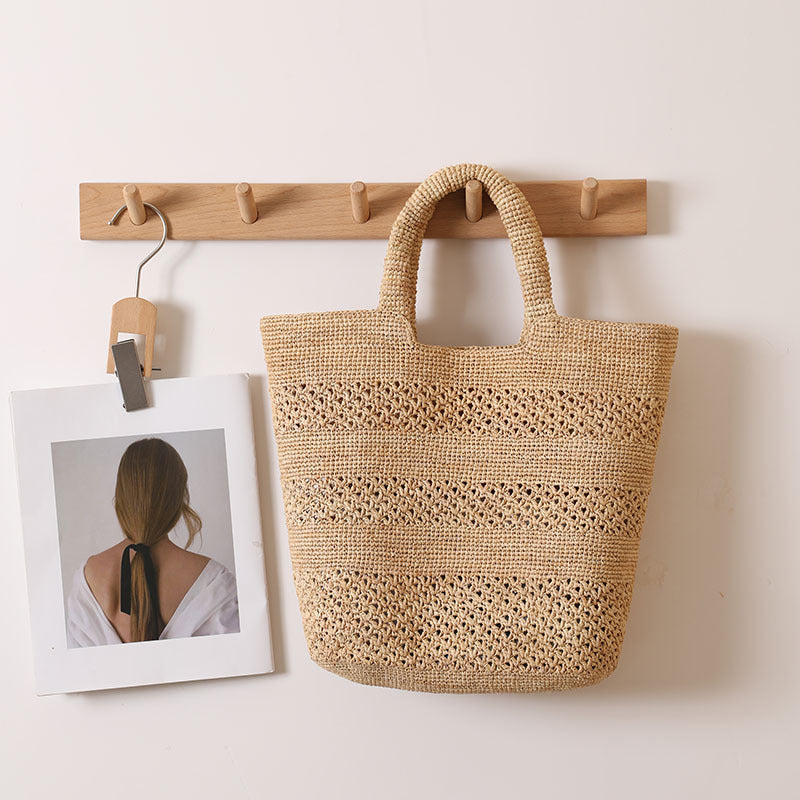 Premium Raffia Handheld Woven Bag  Large Capacity Hollow Weave Tote for Beach, Vacation & Everyday Use