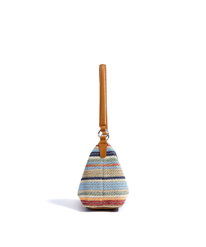 Rainbow Leather & Straw Shoulder Bag  Small and Large Woven Hobo with Zipper, PP Straw and Split Cowhide Crossbody