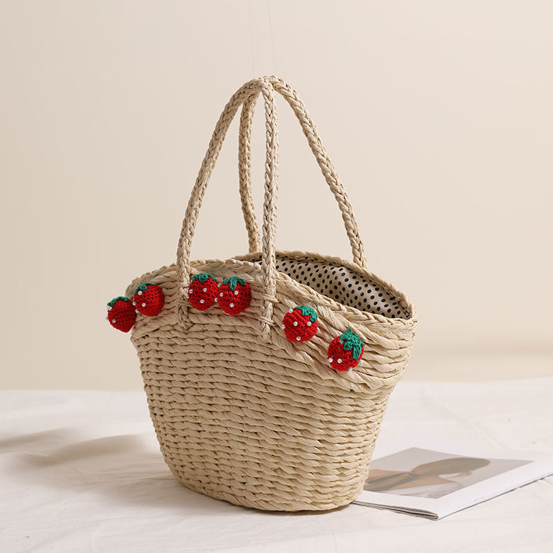 Cute Strawberry Woven Tote Basket  Handcrafted Paper Straw Shoulder Bag with Drawstring, Medium Daily & Beach Carry Bag