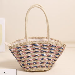 Forest Style Woven Straw Shoulder Bag  Large Capacity Beach Vacation Tote