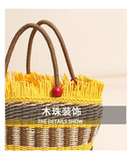 Cute Wooden Bead Straw Bucket Bag  Frayed Edge Paper Woven Handbag with Drawstring, Medium Beach & Holiday Tote