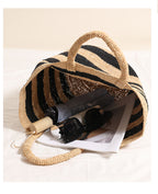 Raffia Large-Capacity Woven Tote Bag  Handcrafted Striped Open-Top Straw Handbag for Daily Use & Travel