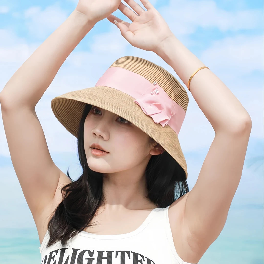 Summer Wide Brim Straw Sun Hat for Women  Woven Cellulose Bucket Hat with Bow, UV Sunshade Beach Hat