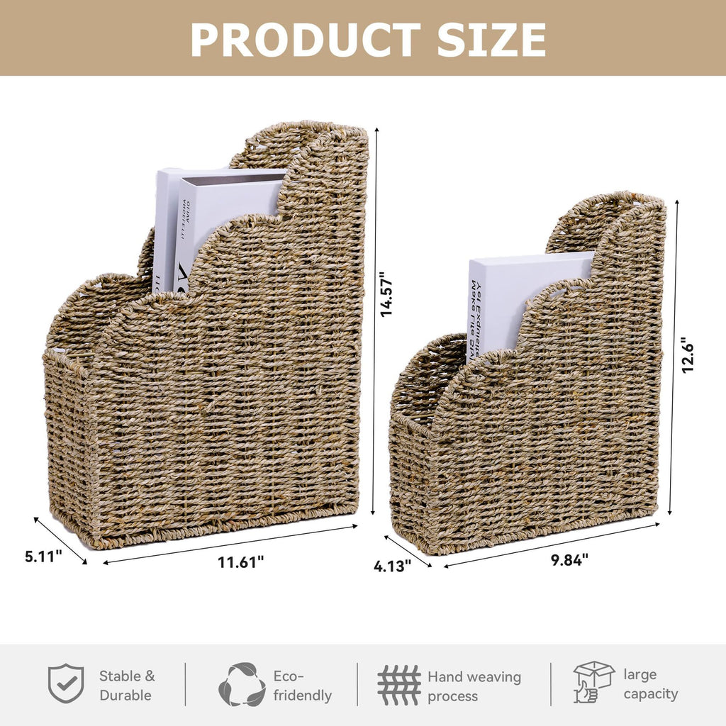 Seagrass Magazine Holder  Handwoven File Organizer Basket for Living Room & Home Office, Scalloped Design, 2 Sizes