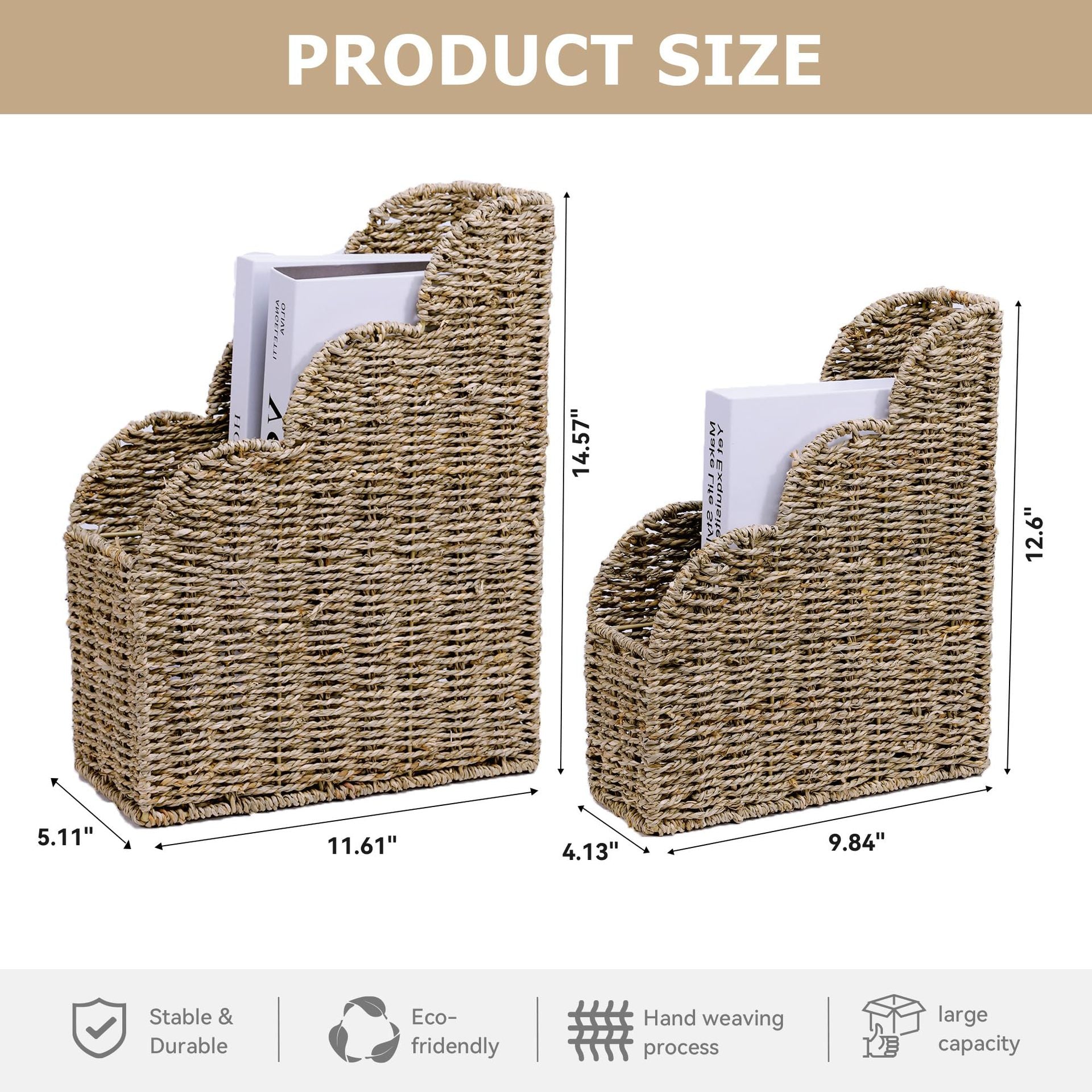 Seagrass Magazine Holder  Handwoven File Organizer Basket for Living Room & Home Office, Scalloped Design, 2 Sizes