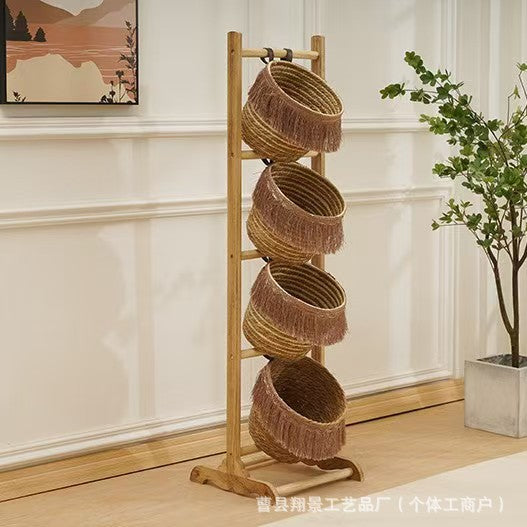 Wooden Tiered Rattan Storage Basket Stand  Handwoven Floor Organizer Rack for Living Room & Entryway