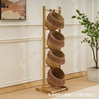 Wooden Tiered Rattan Storage Basket Stand  Handwoven Floor Organizer Rack for Living Room & Entryway